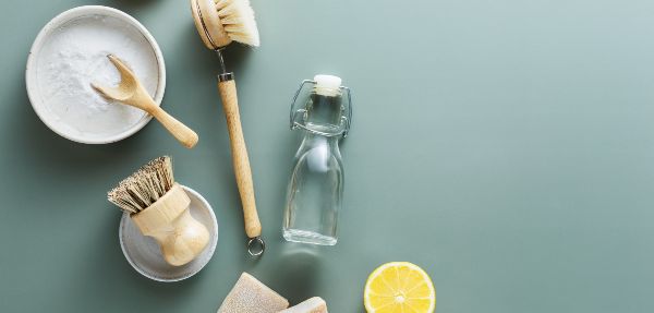 Jar, brushes, and natural ingredients for green-cleaning products